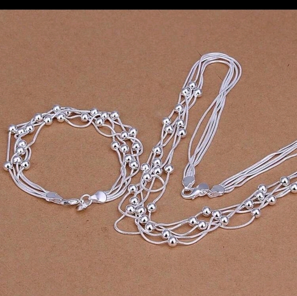 Silver Plated Multilayer Necklace N Bracelet with Beaded Snake Chain Set